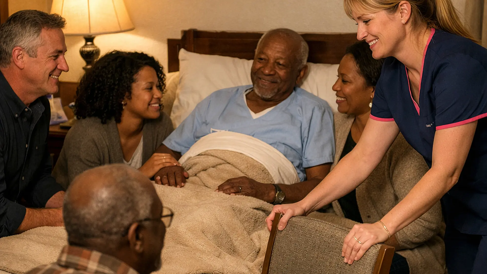 A realistic bedside family scene with a caucasian female caregiver in a 00072b tunic with e51974 accent arranging chairs for relatives around an elderly black man in bed everyone sharing warm smiles and soft eye contact with a comforting lamp lit room and heartfelt atmosphere.