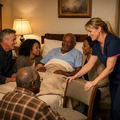 A realistic bedside family scene with a caucasian female caregiver in a 00072b tunic with e51974 accent arranging chairs for relatives around an elderly black man in bed everyone sharing warm smiles and soft eye contact with a comforting lamp lit room and heartfelt atmosphere.