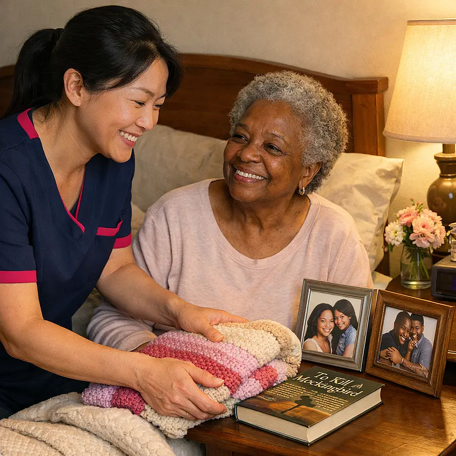 A realistic bedside home care setting with an asian female caregiver wearing a 00072b tunic with e51974 accent helping a black elderly woman arrange treasured objects including a knitted blanket framed photos and a favourite book with warm lamp light and joyful reassuring expressions.