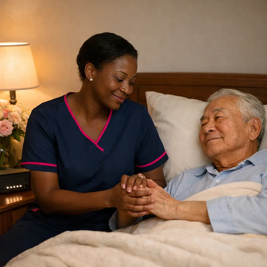 A realistic bedside scene featuring a black female caregiver in a 00072b tunic with e51974 accent playing soft music from a small speaker while gently holding the hand of an elderly asian man both peaceful and smiling faintly with flowers soft bedding and warm evening light.