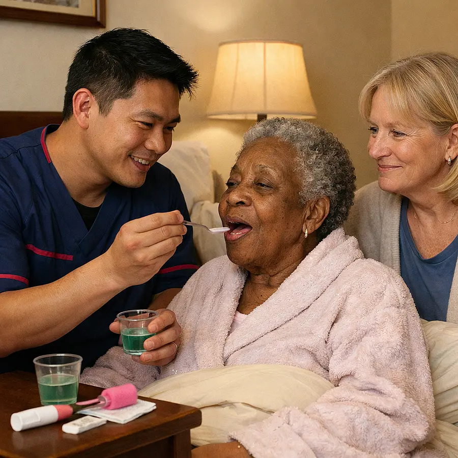 A realistic bedside scene with an asian male caregiver in a tunic uniform colour 00072b with e51974 accent offering a small spoon and mouth care items to a black elderly female service user caucasian relative nearby smiling gently peaceful room warm and reassuring mood