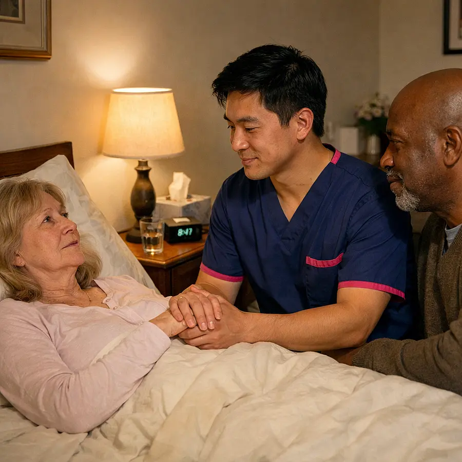 A realistic bedside scene with an asian male caregiver in a tunic uniform colour 00072b with e51974 accent calming a restless caucasian female service user by gently holding her hand black relative nearby reassured soft evening lighting peaceful and realistic home environment