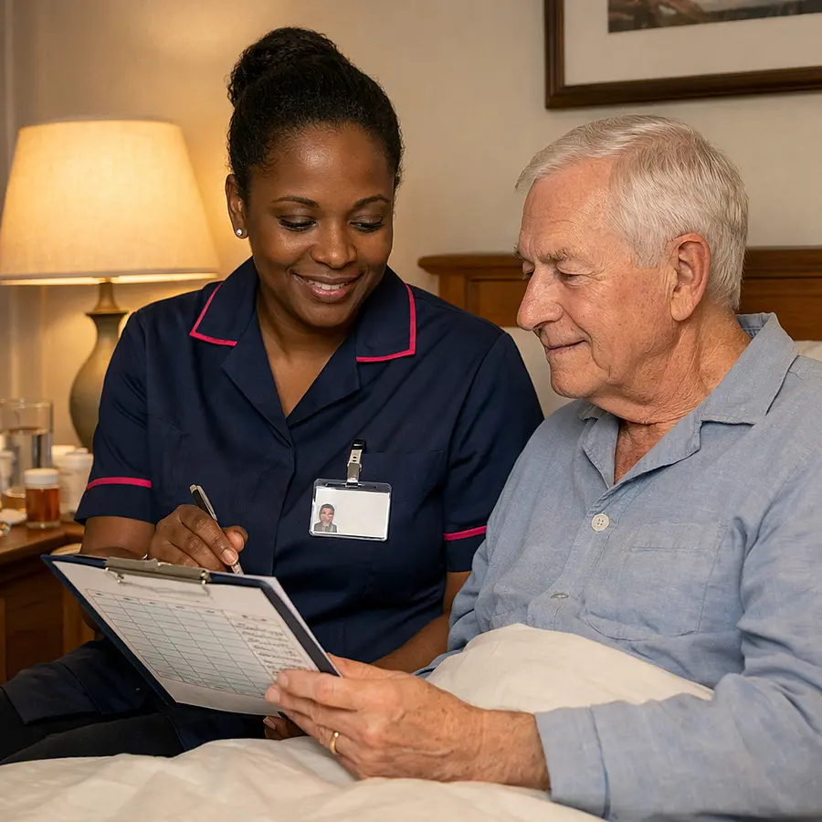 A realistic bedside support scene showing a black female caregiver in a 00072b tunic with e51974 accents checking a medication chart with a caucasian male service user both calm and reassured soft lamp light neatly arranged room supportive and professional home care atmosphere
