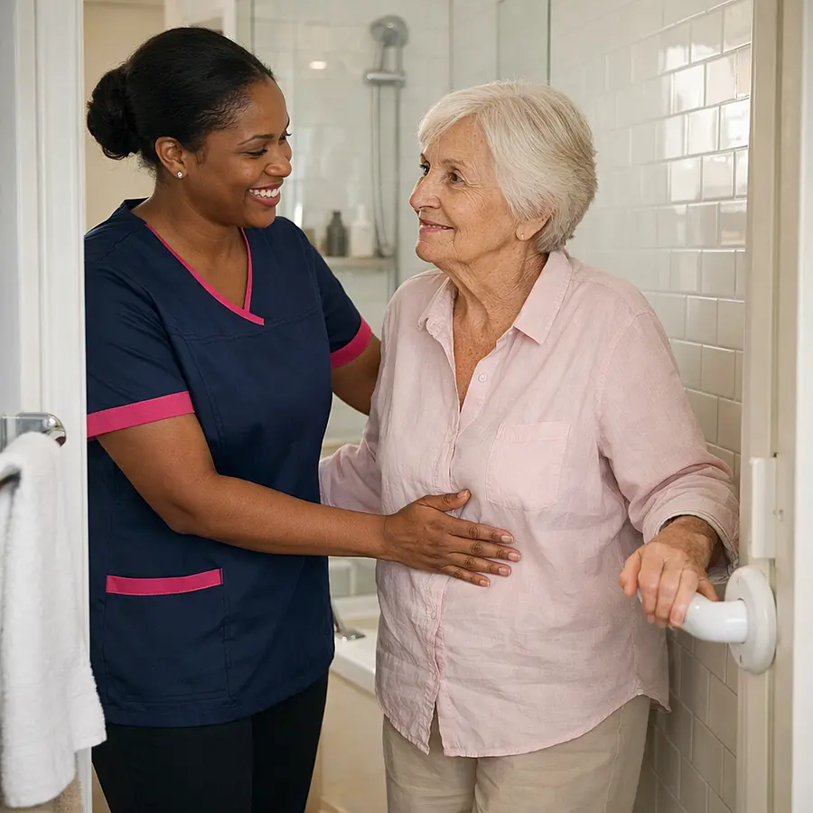 A realistic bright bathroom doorway scene with a black female caregiver in a tunic uniform colored 00072b and accented e51974 standing supportively beside an elderly caucasian woman using a grab rail both appearing comfortable respected and reassured during personal care after a fall.