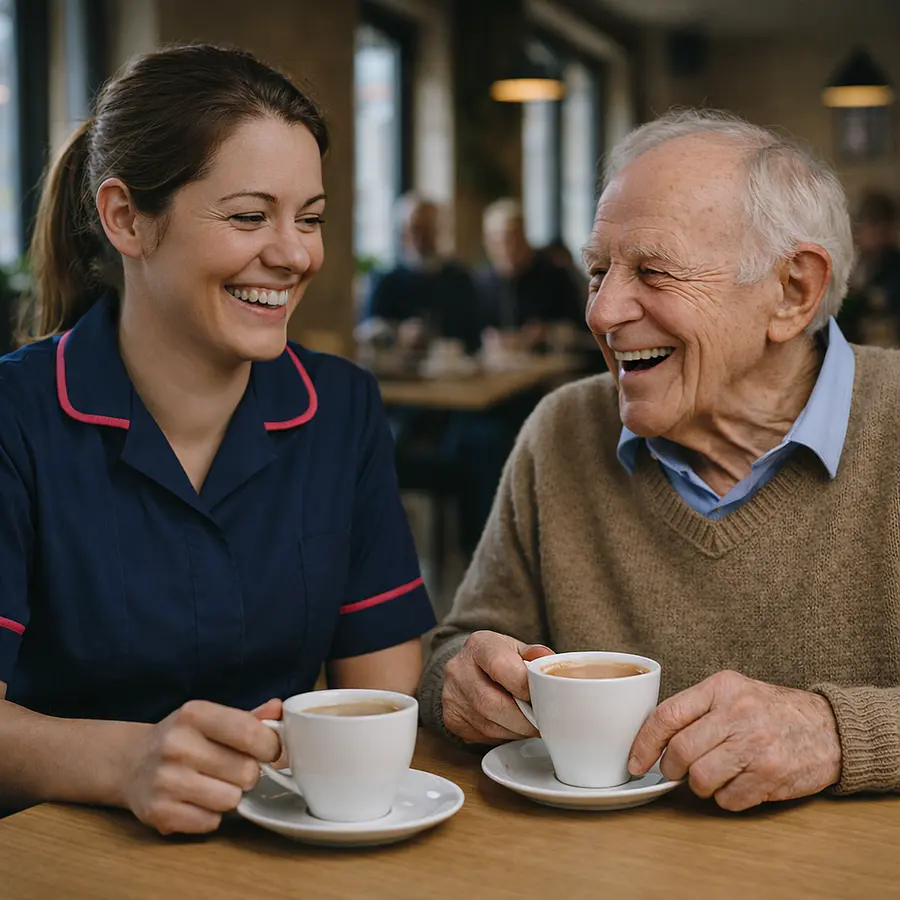A realistic caf scene where a Caucasian female caregiver in a 00072b jacket with e51974 accents sits at a small table with an older man both smiling over cups of tea with soft background bustle reflecting safe community engagement.