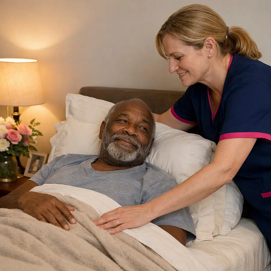 A realistic calm bedroom scene showing a caucasian female caregiver in a 00072b tunic with e51974 accent gently adjusting pillows and a blanket for an older black man both relaxed and smiling softly with flowers warm lighting and a peaceful environment centred on dignity and reassurance.