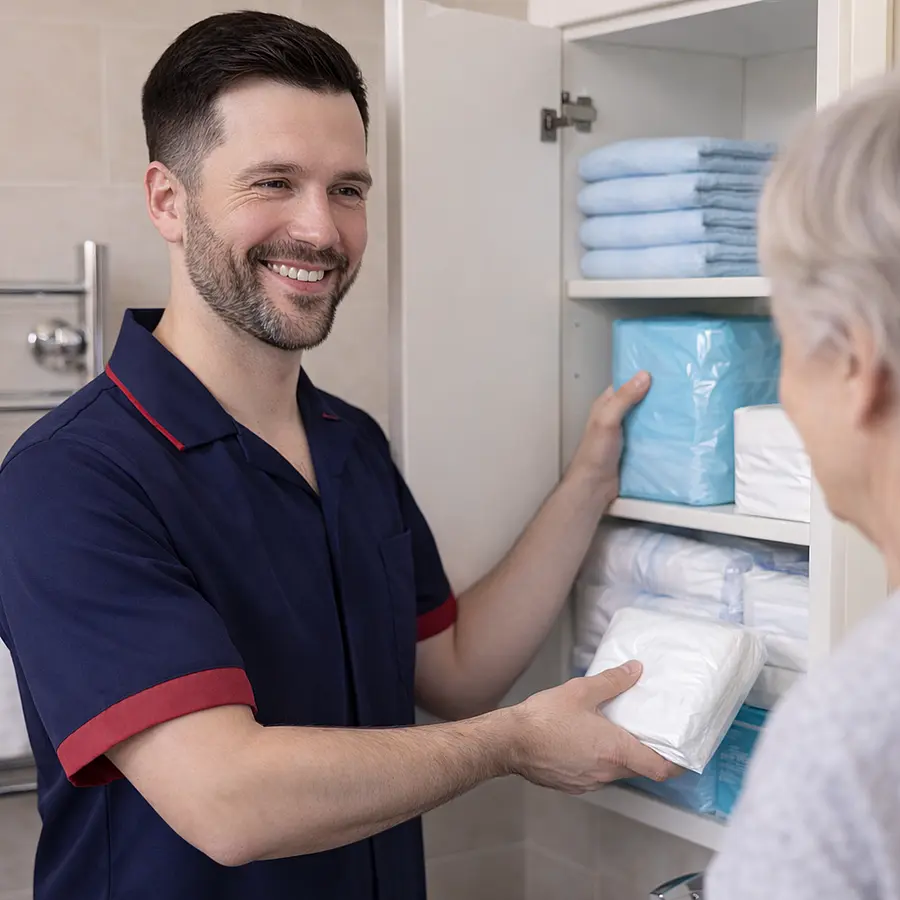 A realistic close up view in a tidy ensuite bathroom where a caucasian male caregiver in a 00072b tunic with e51974 accents arranges discreet continence products in a cabinet while chatting reassuringly with an unseen older person creating a sense of organisation privacy and calm support.