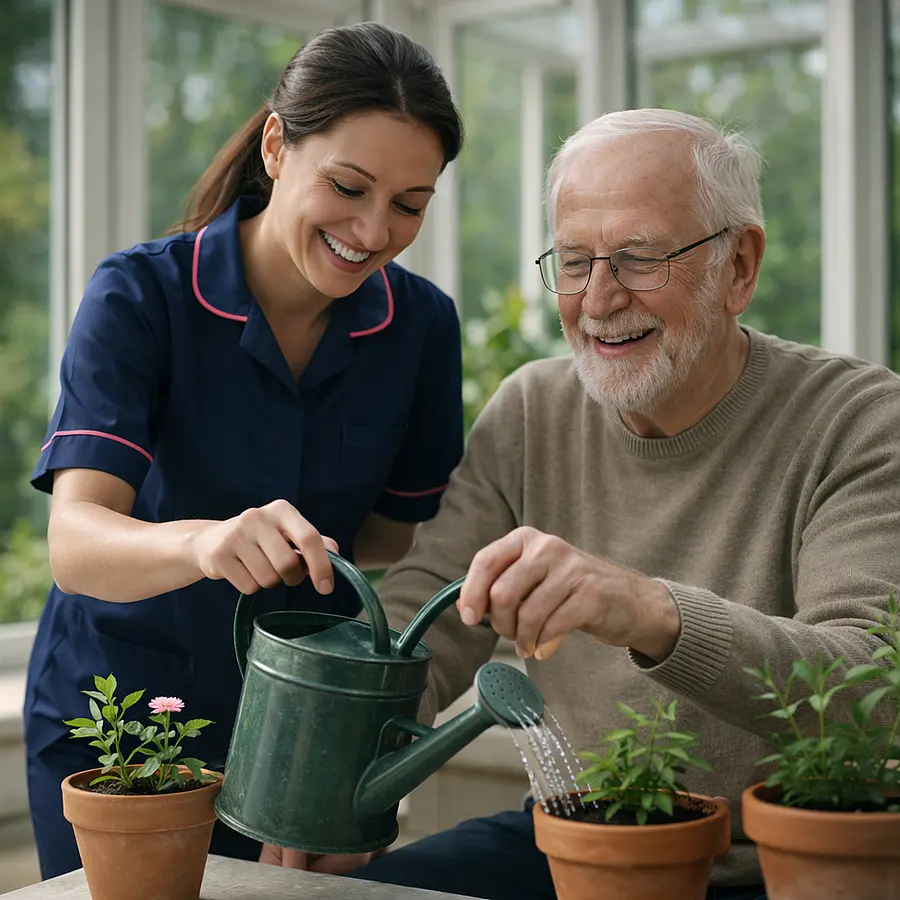 A realistic conservatory scene where a Caucasian female caregiver in a 00072b uniform with e51974 trim helps an older man water potted plants both smiling as sunlight streams in symbolising support for familiar hobbies.