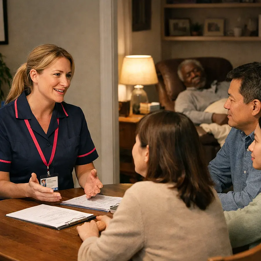 A realistic consultation at home scene with a caucasian female caregiver in a tunic uniform colour 00072b with e51974 accent speaking gently to an asian family around a dining table while a black elderly service user rests in the next room warm home lighting calm compassionate and professional