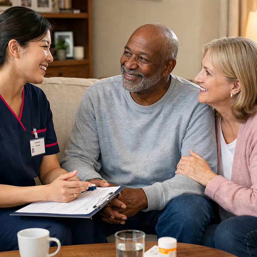 A realistic consultation at home scene with an asian female caregiver in a 00072b tunic with e51974 accents talking kindly with a black older man and his caucasian partner about post surgery support. Everyone appears reassured and hopeful in a warm realistic sitting room.
