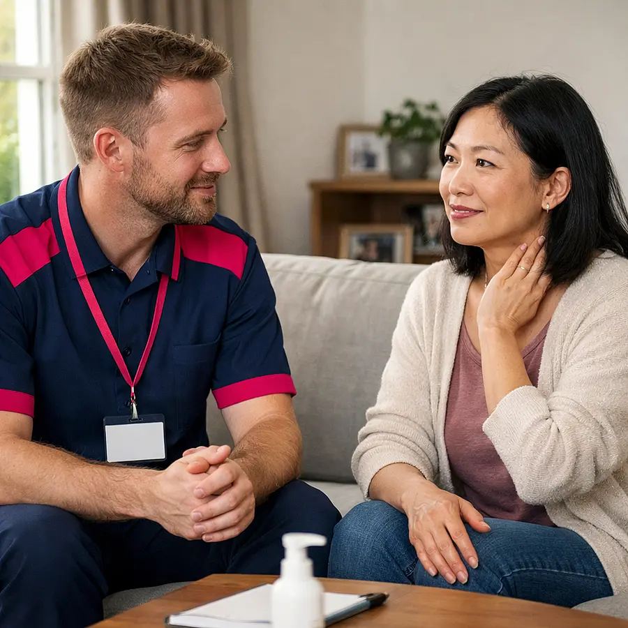A realistic consultation style home scene with a caucasian male caregiver in a tunic uniform 00072b and e51974 listening attentively to an asian female service user who looks reassured while discussing skin irritation concerns natural lighting respectful distance professional and warm tone.