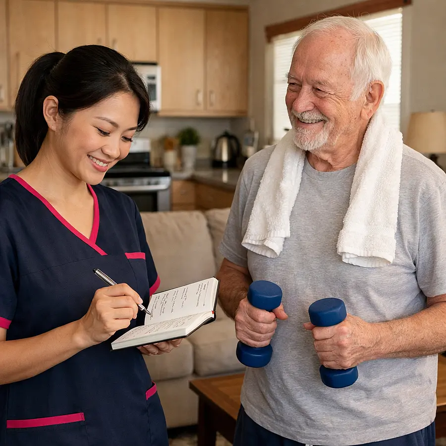 A realistic daytime routine image with an asian female caregiver in 00072b tunic with e51974 accent checking a simple daily planner while an elderly caucasian man prepares for gentle exercise calm kitchen lounge setting warm supportive expressions realistic style