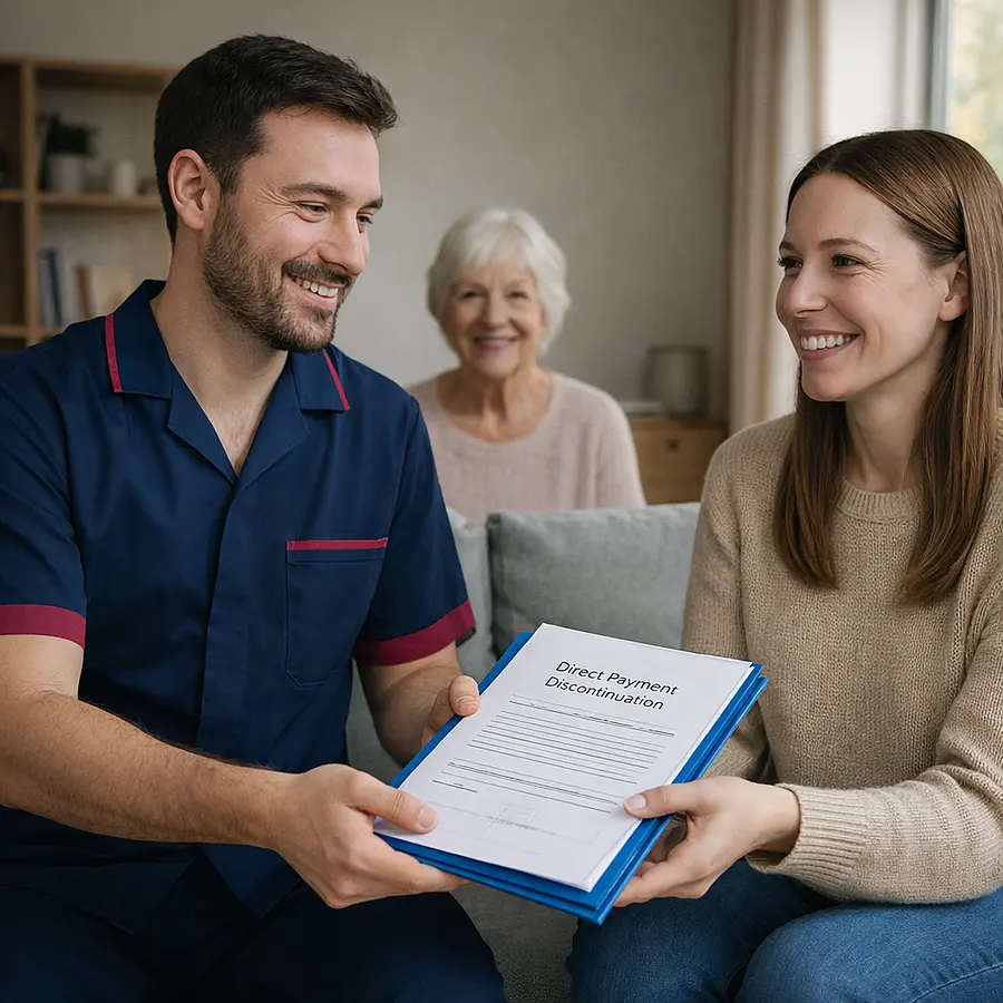 A realistic depiction of a caucasian male caregiver in tunic 00072b with accent e51974 handing an organised folder of direct payment documents to an adult daughter warm smiles tidy living room natural documentary style photo.