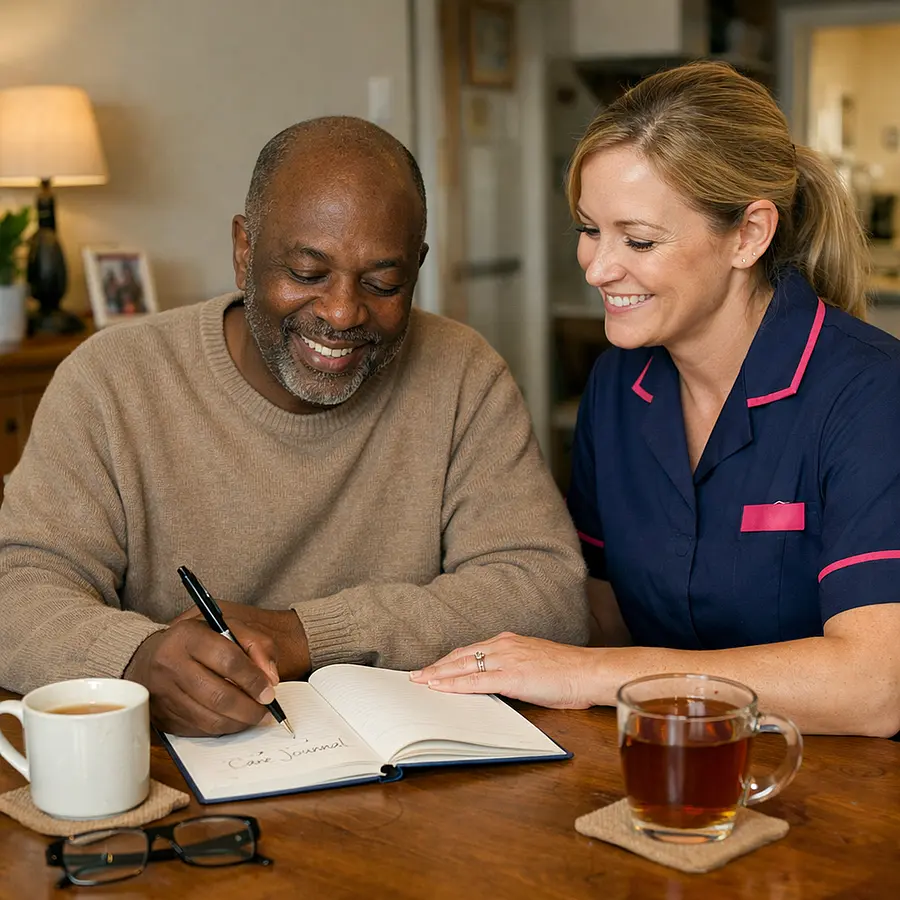 A realistic dining room scene showing a caucasian female caregiver in a 00072b tunic with e51974 details helping a black male service user write notes in a care journal both smiling softly glasses and tea on table practical and warm home care atmosphere
