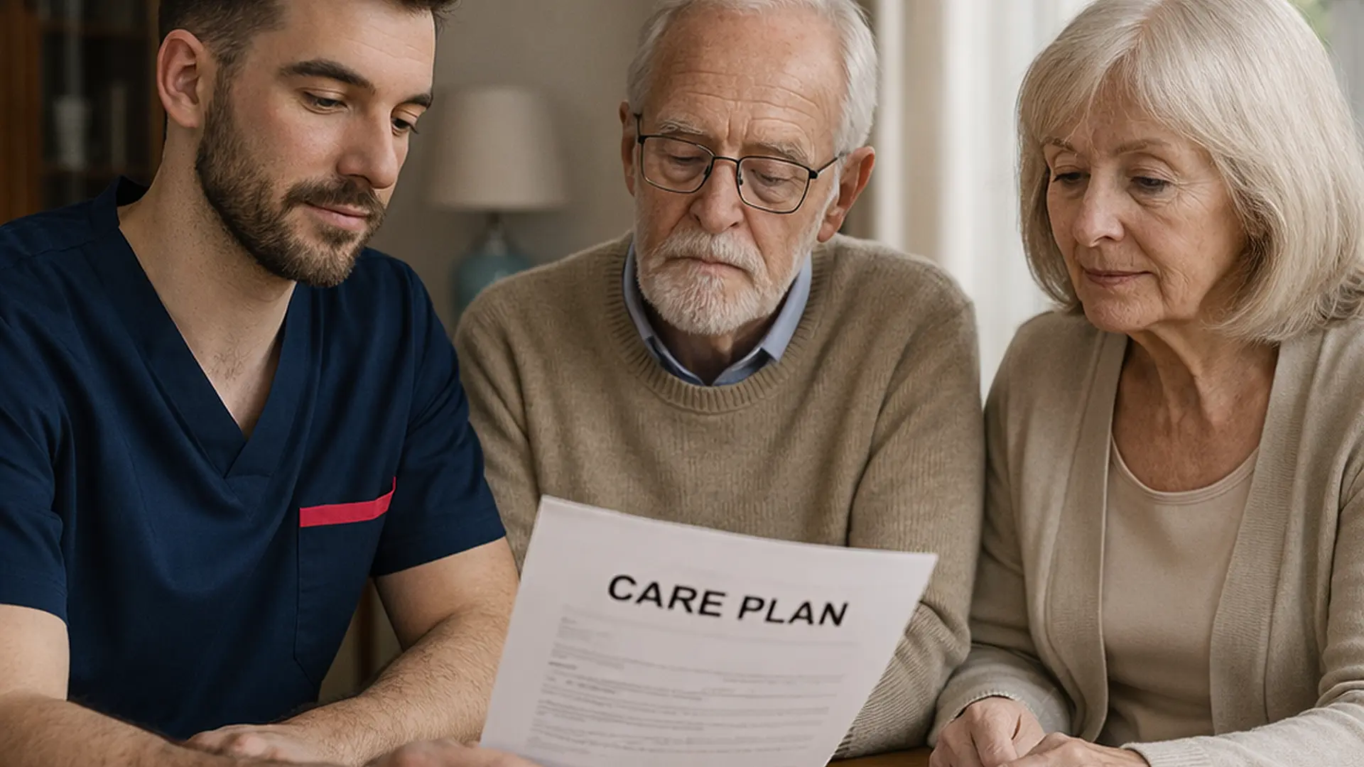 A realistic dining room table where a Caucasian male caregiver in a 00072b tunic uniform e51974 accent sits with an older couple reviewing a printed care plan all calm and engaged symbolising thoughtful future planning.