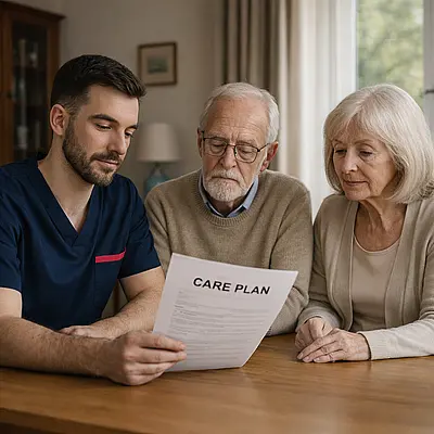 A realistic dining room table where a Caucasian male caregiver in a 00072b tunic uniform e51974 accent sits with an older couple reviewing a printed care plan all calm and engaged symbolising thoughtful future planning.