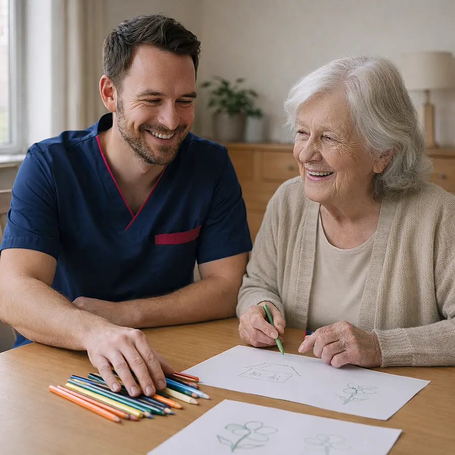 A realistic dining table scene where a Caucasian male caregiver in a 00072b tunic with e51974 accent lays out coloured pencils and simple drawings for an older woman both showing shared creative engagement.