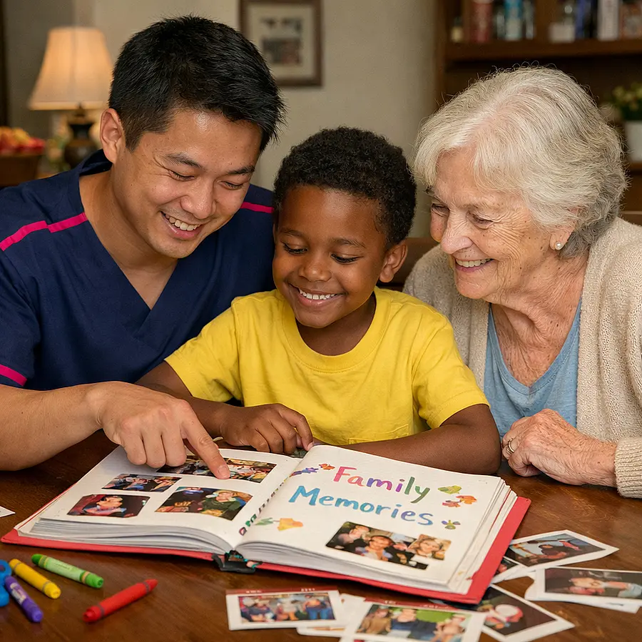 A realistic dining table scene with an asian male caregiver in a 00072b tunic with e51974 accent helping a black child and elderly caucasian grandmother look through a handmade memory book everyone smiling tenderly with crayons photos and warm family surroundings.