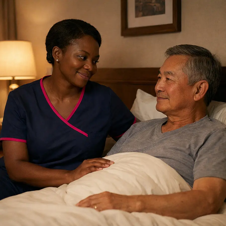 A realistic evening bedroom scene with a black female caregiver in a 00072b tunic with e51974 accents sitting reassuringly beside an asian male service user in bed low warm light calm expressions safe and comforting overnight home care atmosphere realistic details