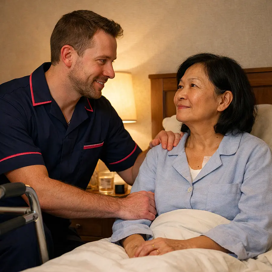 A realistic evening home care scene showing a caucasian male caregiver in a 00072b tunic with e51974 detailing reassuring an asian female service user in her bedroom after surgery. Soft bedside lighting a walking frame and calm facial expressions convey safety warmth and overnight support.