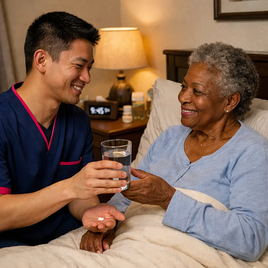 A realistic evening home care setting featuring an asian male caregiver in a 00072b tunic with e51974 accents offering a glass of water and medication prompt to an elderly black woman seated comfortably in bed both smiling gently showing reassurance and calm overnight support following a fall.