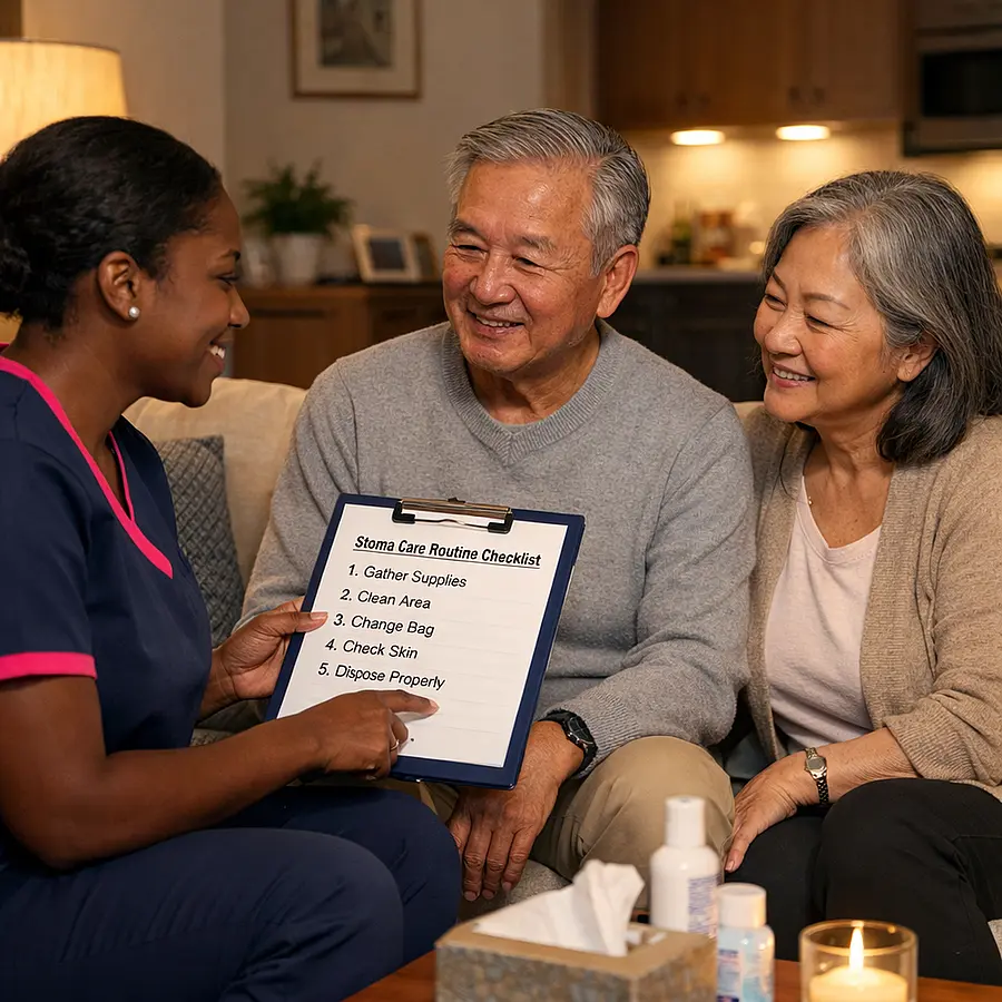 A realistic evening home scene with a black female caregiver in 00072b tunic and e51974 accent reviewing a simple stoma routine checklist with an asian elderly male service user and his spouse calm lighting caring smiles restful and organised atmosphere.