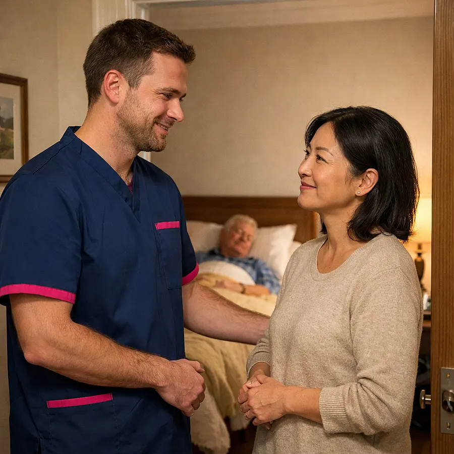A realistic family home hallway and bedroom doorway with a caucasian male caregiver in a 00072b tunic with e51974 accent speaking calmly with an asian family member both looking reassured while an older caucasian person rests comfortably in the background creating a warm supportive non clinical home