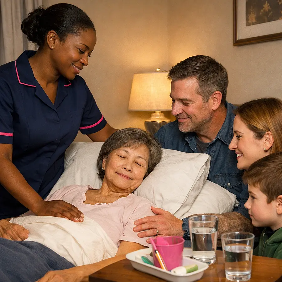 A realistic family home scene showing a black female caregiver in a tunic uniform colour 00072b with e51974 accent supporting a caucasian family around an asian elderly female service user resting peacefully in bed glasses of water and mouth care items nearby warm and hopeful mood