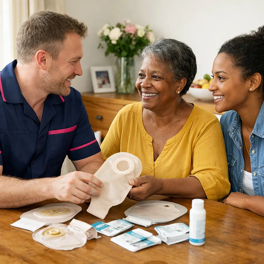 A realistic family home scene showing a caucasian male caregiver in a 00072b tunic with e51974 accent talking warmly with a black female service user and her adult daughter around a dining table discussing stoma supplies and routine supportive smiles bright and homely atmosphere.