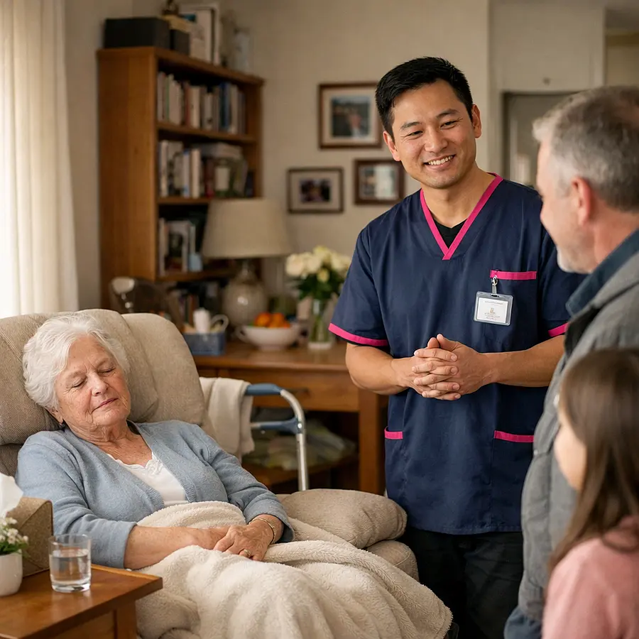 A realistic family living room with an asian male caregiver in a 00072b tunic with e51974 accent welcoming relatives quietly while an elderly caucasian woman rests comfortably nearby everyone appearing calm and reassured with soft natural light and a warm organised home care environment.