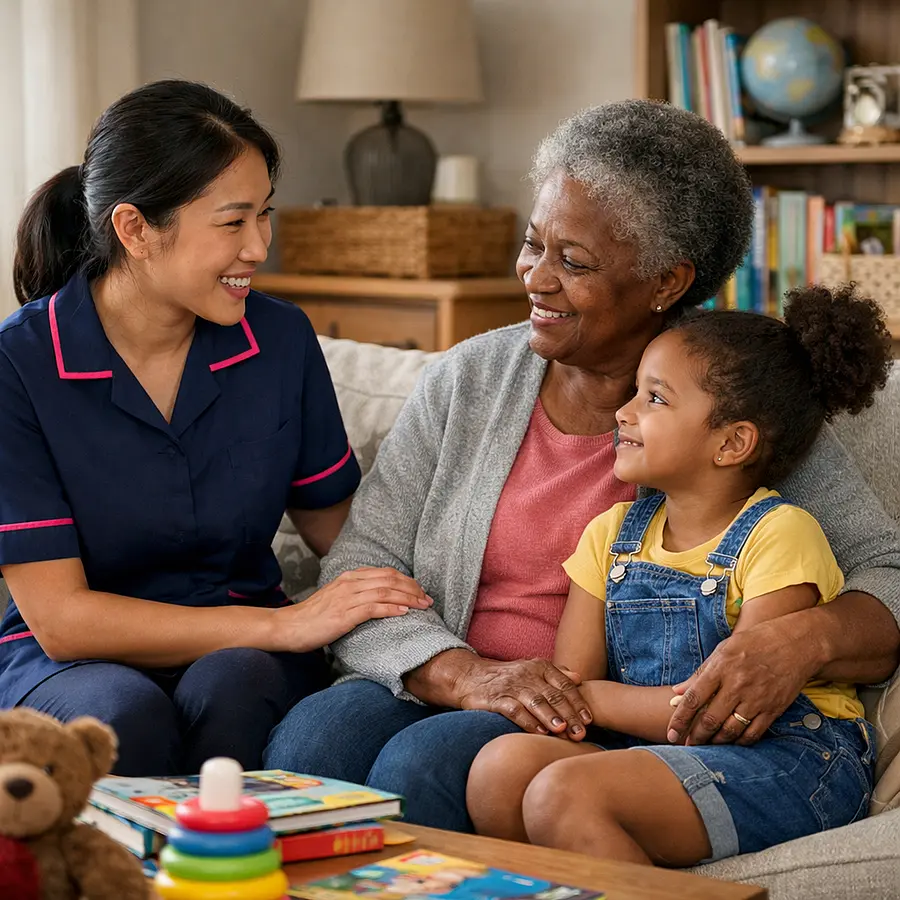A realistic family lounge scene with an asian female caregiver in a 00072b tunic uniform with e51974 accents gently talking with a black grandmother service user and a young family member everyone calm and comforted toys and books visible warm realistic and reassuring