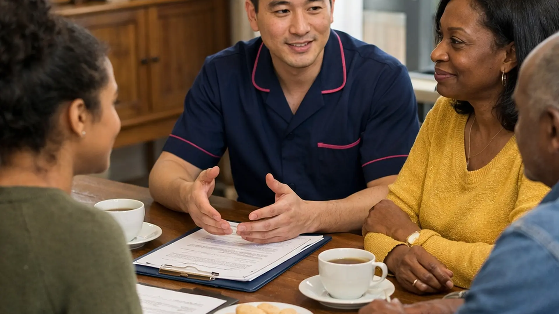 A realistic family meeting at a dining table with an asian male caregiver in 00072b tunic uniform with e51974 trim gently facilitating discussion between a black female service user and two relatives everyone attentive and calm paperwork and tea present warm supportive mood