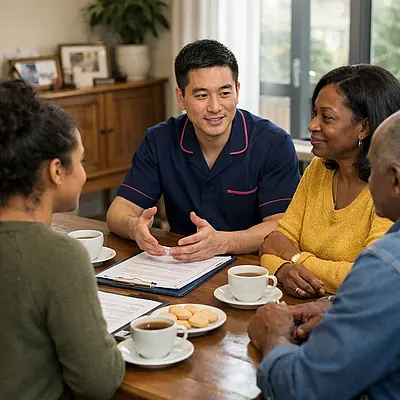 A realistic family meeting at a dining table with an asian male caregiver in 00072b tunic uniform with e51974 trim gently facilitating discussion between a black female service user and two relatives everyone attentive and calm paperwork and tea present warm supportive mood