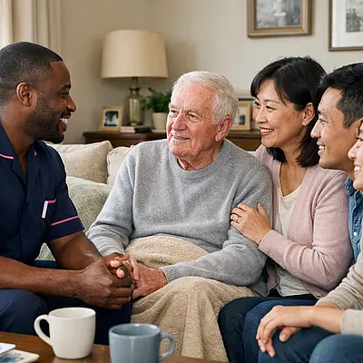 A realistic front room home care scene with a black male caregiver in a 00072b tunic with e51974 accent holding a reassuring conversation with an asian family and an elderly caucasian service user all smiling softly with natural lighting comforting dcor and a strong sense of trust warmth and dignity