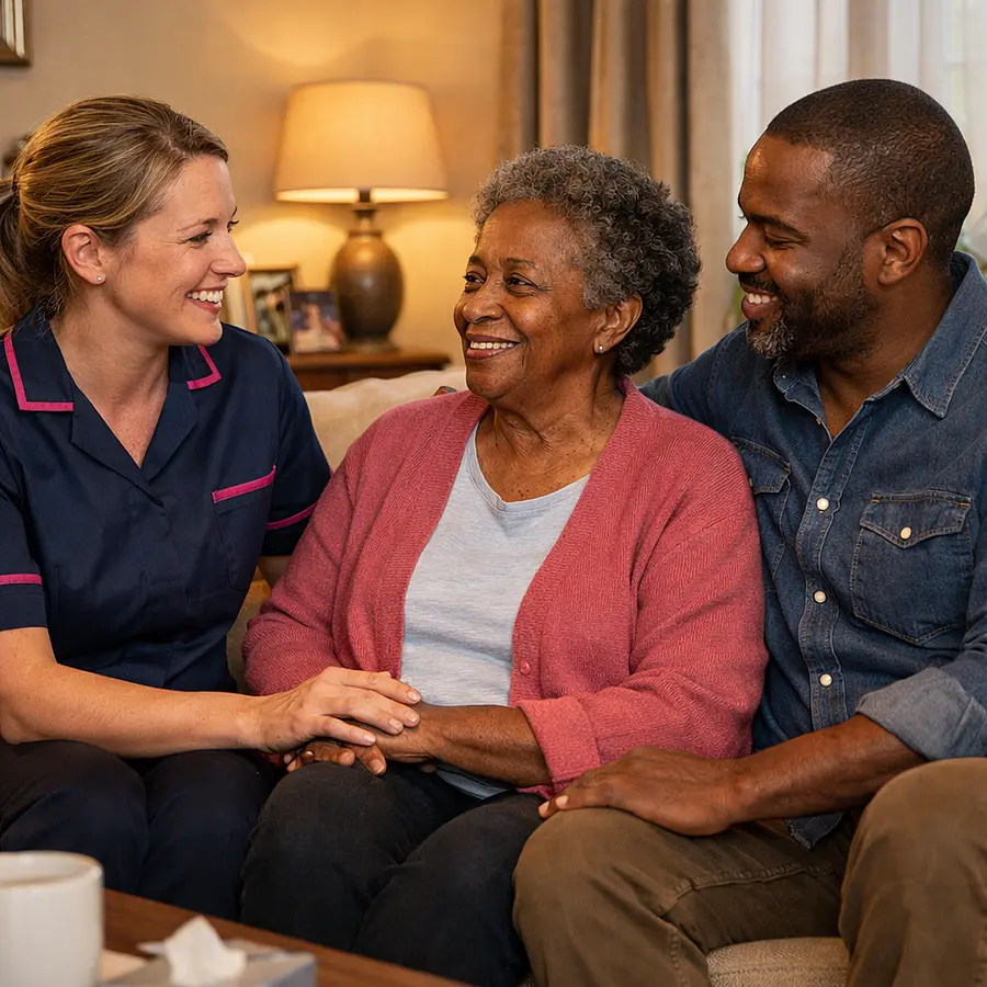 A realistic front room home care scene with a caucasian female caregiver wearing a 00072b tunic uniform with e51974 accents smiling reassuringly with a black female service user and her son warm lighting comfortable furnishings strong sense of trust joy and compassionate professionalism