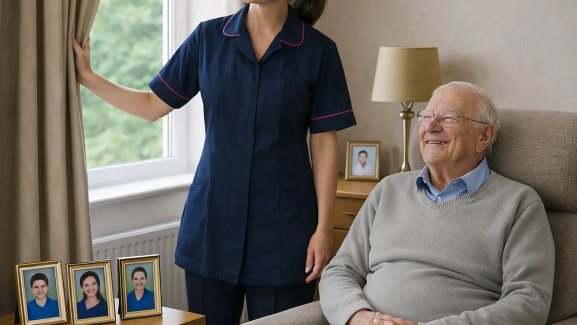 A realistic front room scene with a Caucasian female caregiver in a 00072b tunic with e51974 trim opening curtains beside an older man seated in his favourite armchair surrounded by family photos both smiling reinforcing comfort and continuity at home.