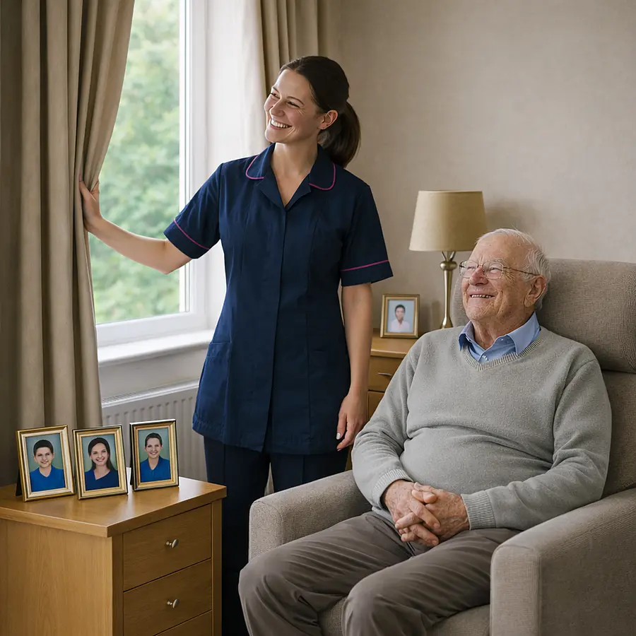 A realistic front room scene with a Caucasian female caregiver in a 00072b tunic with e51974 trim opening curtains beside an older man seated in his favourite armchair surrounded by family photos both smiling reinforcing comfort and continuity at home.