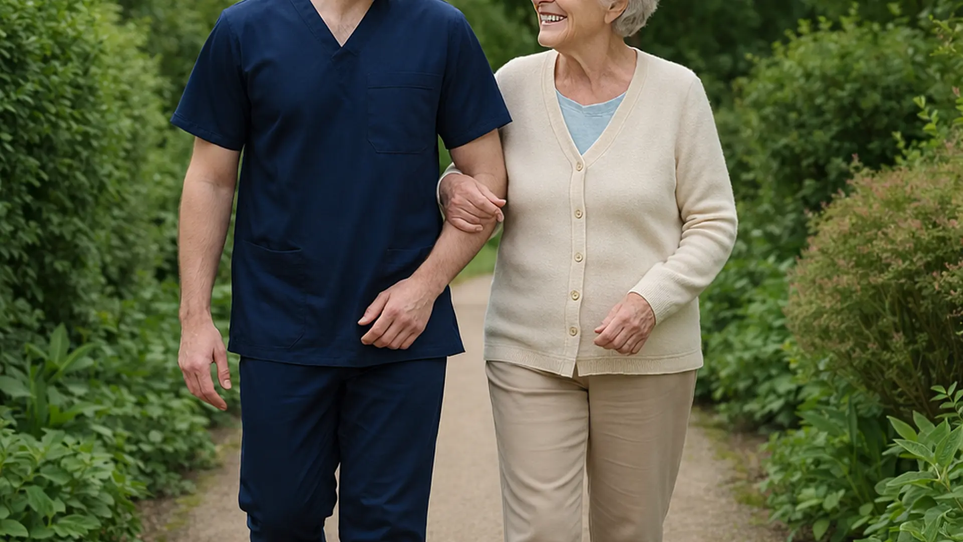 A realistic garden path where a Caucasian male caregiver in a 00072b tunic with e51974 accent walks slowly arm in arm with an older woman both chatting and smiling surrounded by greenery illustrating gentle routine and companionship.