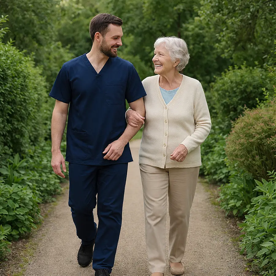 A realistic garden path where a Caucasian male caregiver in a 00072b tunic with e51974 accent walks slowly arm in arm with an older woman both chatting and smiling surrounded by greenery illustrating gentle routine and companionship.