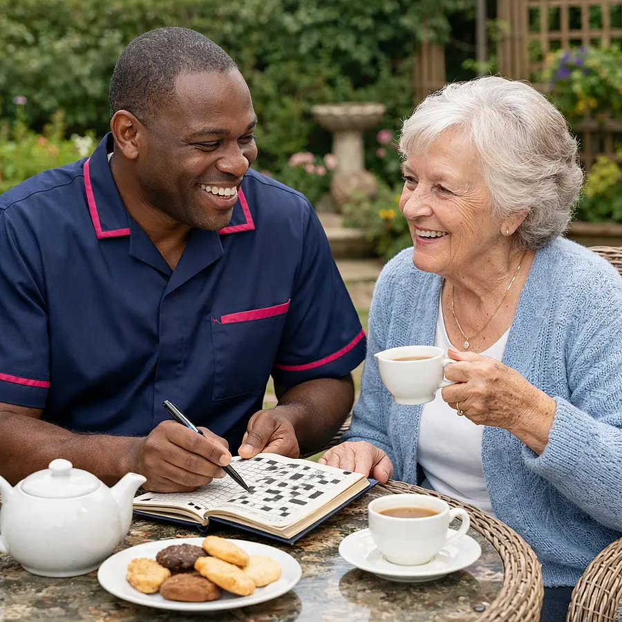A realistic garden patio scene of a black male caregiver wearing a 00072b tunic with e51974 trim sharing tea and a crossword with an elderly caucasian woman both smiling warmly showing joy companionship and renewed confidence returning to hobbies after a fall.