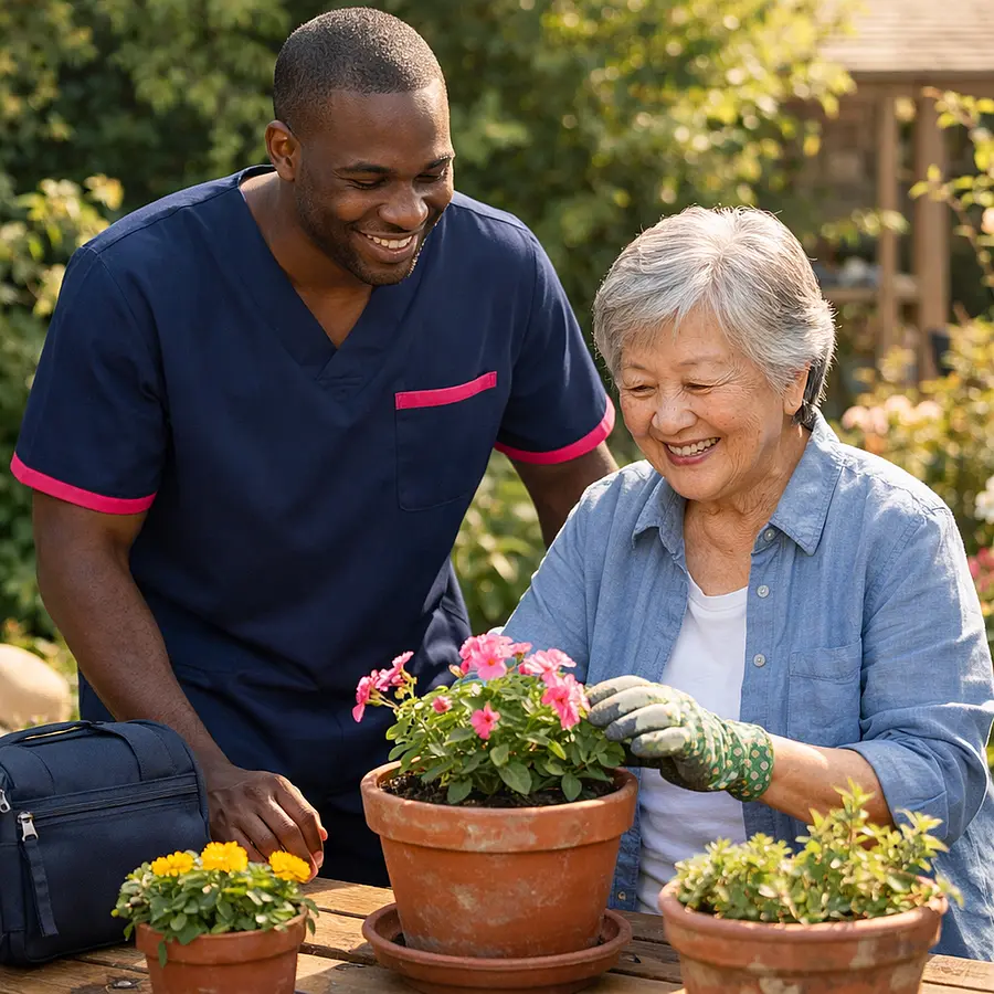 A realistic garden scene with a black male caregiver in a 00072b tunic with e51974 accent standing beside an older asian female service user tending potted plants both cheerful and relaxed subtle suggestion of a discreet outing bag nearby warm sunshine and supportive mood.