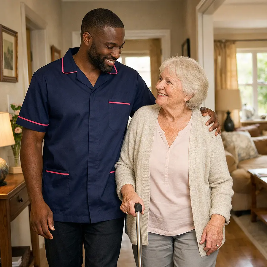 A realistic hallway and lounge home scene with a black male caregiver in a 00072b tunic uniform with e51974 piping walking slowly beside a caucasian older female service user both smiling softly gentle supportive body language natural daylight warm and reassuring environment