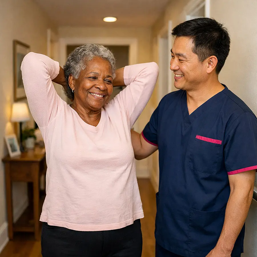 A realistic hallway exercise moment at home with an asian male caregiver in a 00072b tunic with e51974 accent standing close by and reassuring an elderly black woman as she gently stretches her shoulders warm smiles safe uncluttered space supportive and homely atmosphere realistic and natural
