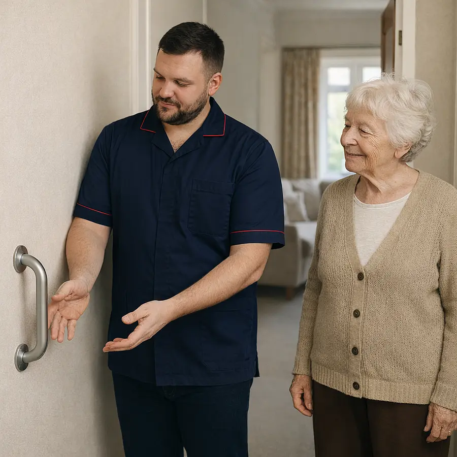 A realistic hallway scene showing a Caucasian male caregiver in a 00072b tunic with e51974 accent wh