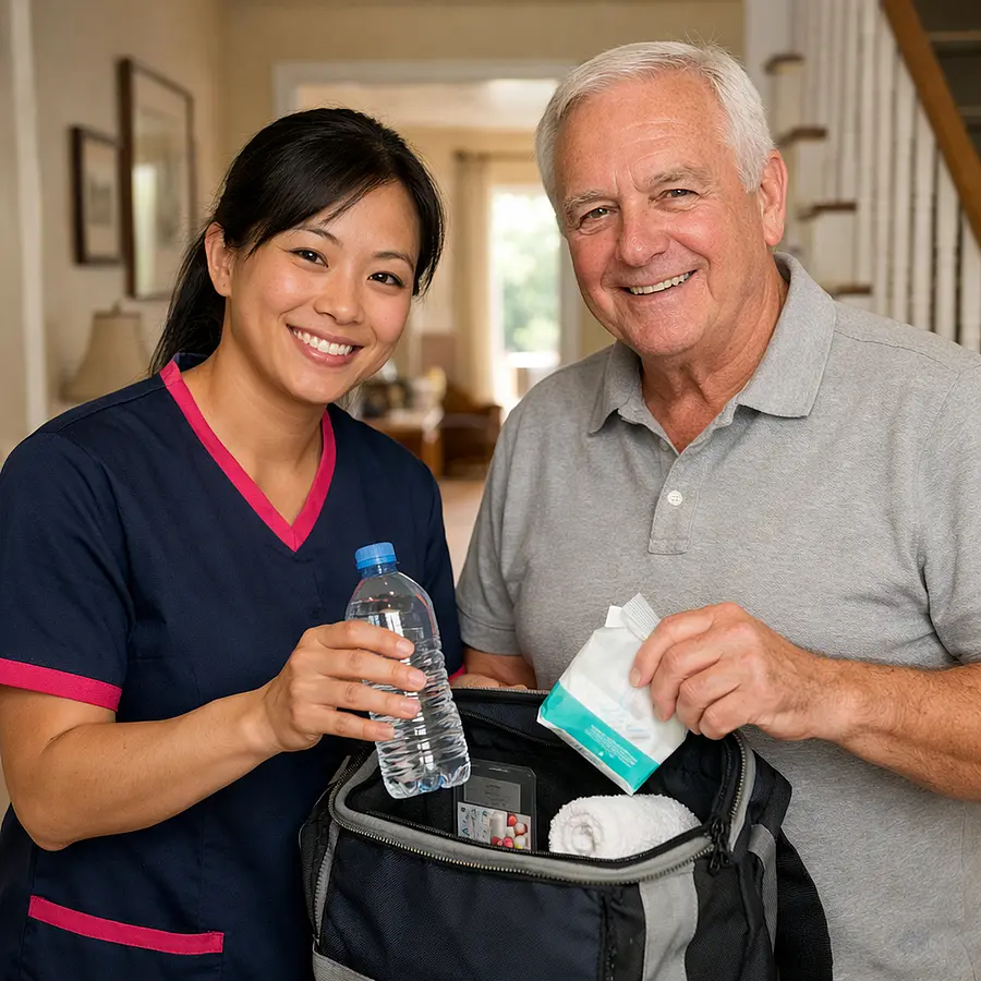A realistic hallway scene with an asian female caregiver in 00072b tunic with e51974 trim helping a caucasian male service user prepare a small bag for a day out including water and care supplies both smiling confidently realistic and warm home setting.