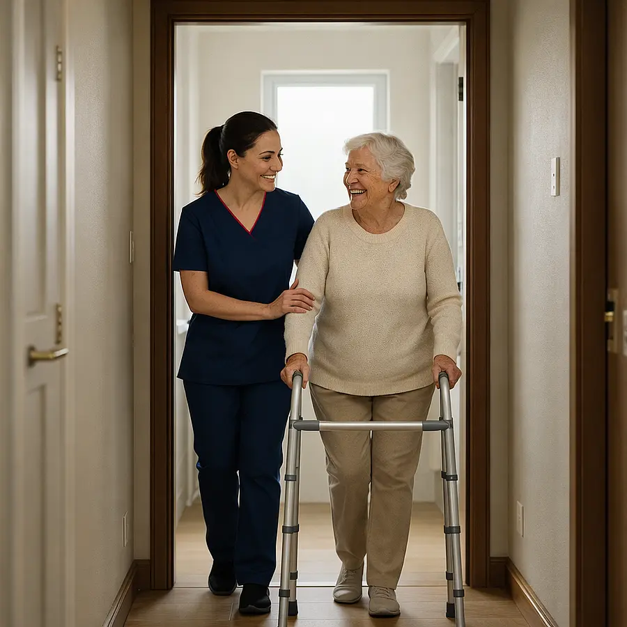 A realistic hallway view leading to a bathroom where a caucasian female caregiver in a 00072b tunic with e51974 trim walks slowly side by side with an older woman using a walking frame both smiling demonstrating unhurried respectful support for toileting needs at home.