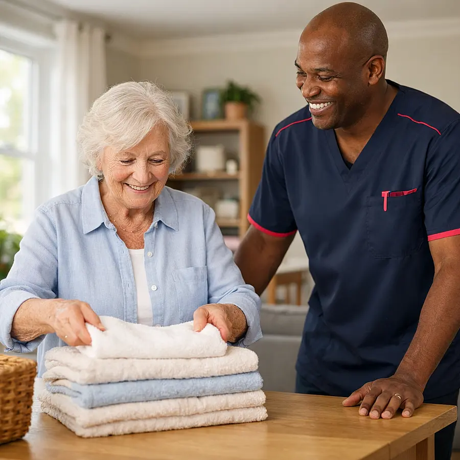 A realistic home activity scene with a black male caregiver in 00072b tunic with e51974 accent smiling as an elderly caucasian woman folds towels while standing safely at a table bright home interior gentle movement warm and reassuring realistic photograph