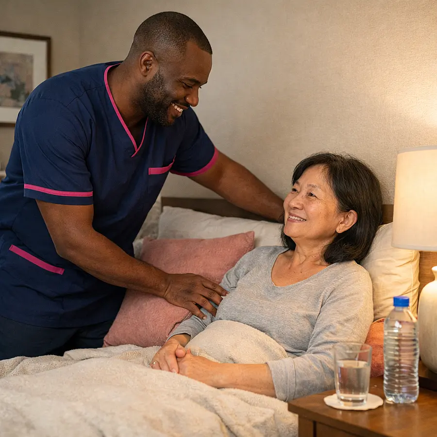 A realistic home adaptation scene with a black male caregiver in a 00072b tunic with e51974 accents arranging a comfortable bedroom space for an asian female service user cushions lamp and water nearby both looking reassured warm and realistic home care setting