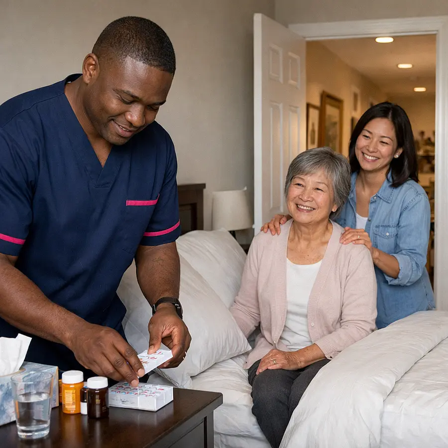 A realistic home bedroom and hallway scene with a black male caregiver in a 00072b tunic with e51974 accent changing fresh bedding and organising medication discreetly while an elderly asian woman and her daughter smile with relief showing warmth order and practical reassurance.
