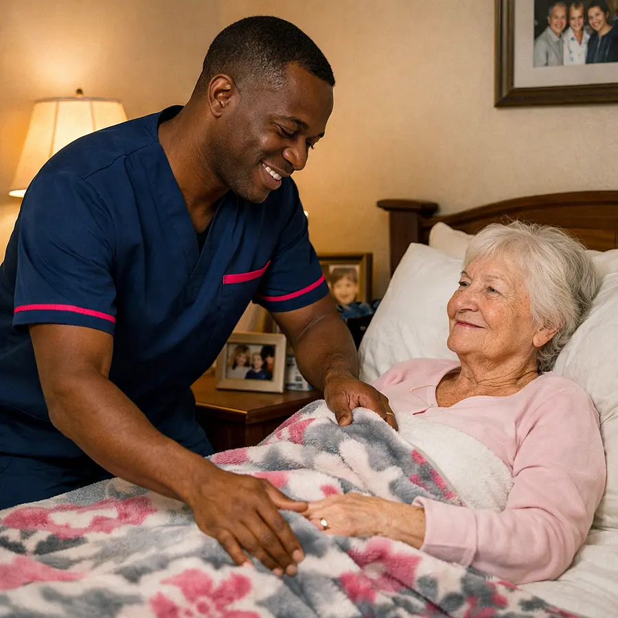 A realistic home bedroom with a black male caregiver in a tunic uniform colour 00072b with e51974 accent smoothing bedding and arranging a favourite blanket for a caucasian elderly female service user family photos visible calm smiles warm lamp light peaceful and reassuring environment